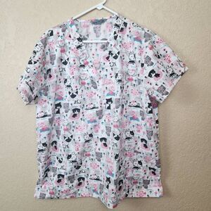 Wear For Care Pink Black and White Whimsical Cat Print Scrub Top 1X (5123)